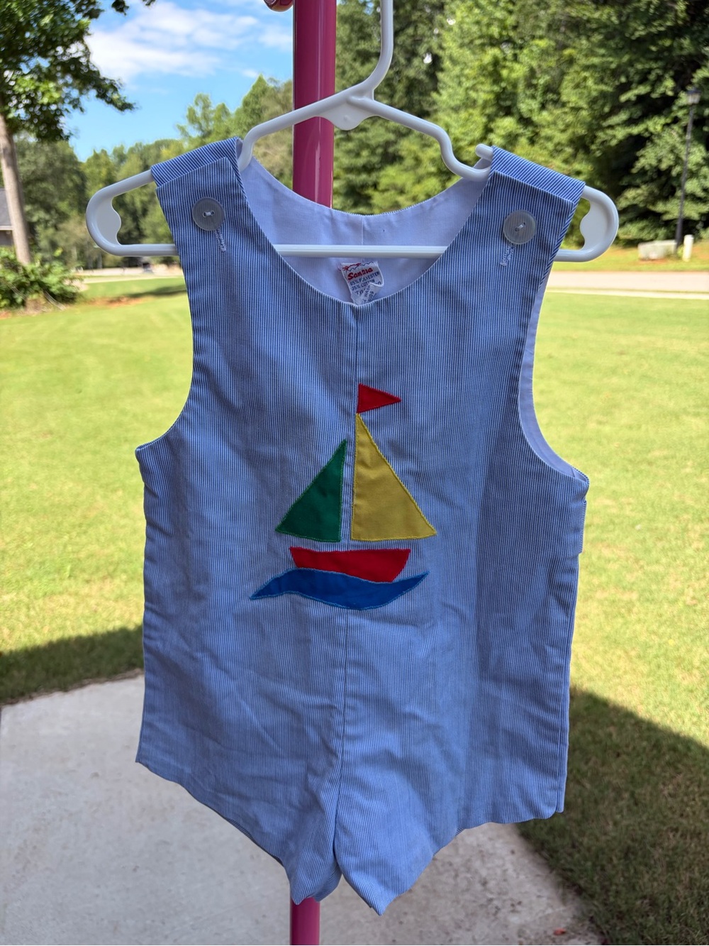 Vintage Samara Baby Boys Blue Seersucker Sailboat Appliqué Shortall Jon Jon 3T